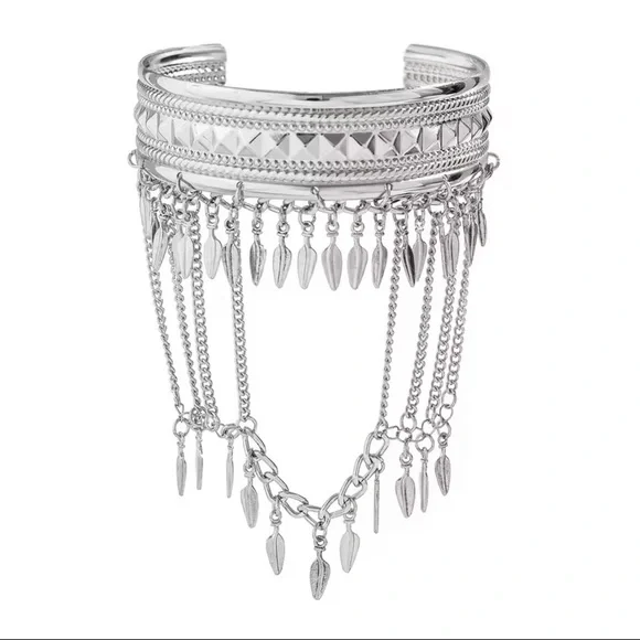 Bohemian Silver Leaf Tassel Chain Arm Cuff Bracelet ✨ - Picture 3 of 7